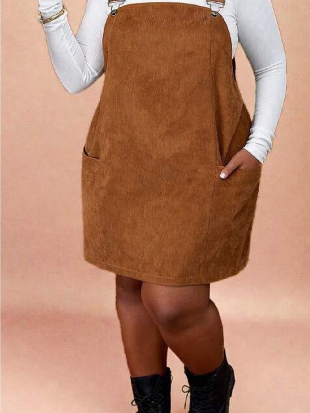 (XL) Corduroy Pinafore Mini Dress in Brown